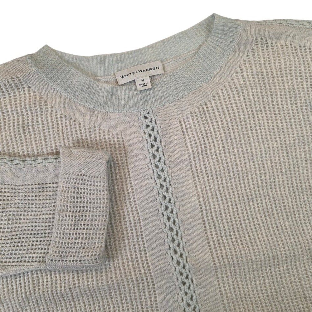 White + Warren Women's M 100% Cashmere Sweater Seafoam Green Pointelle Open Knit